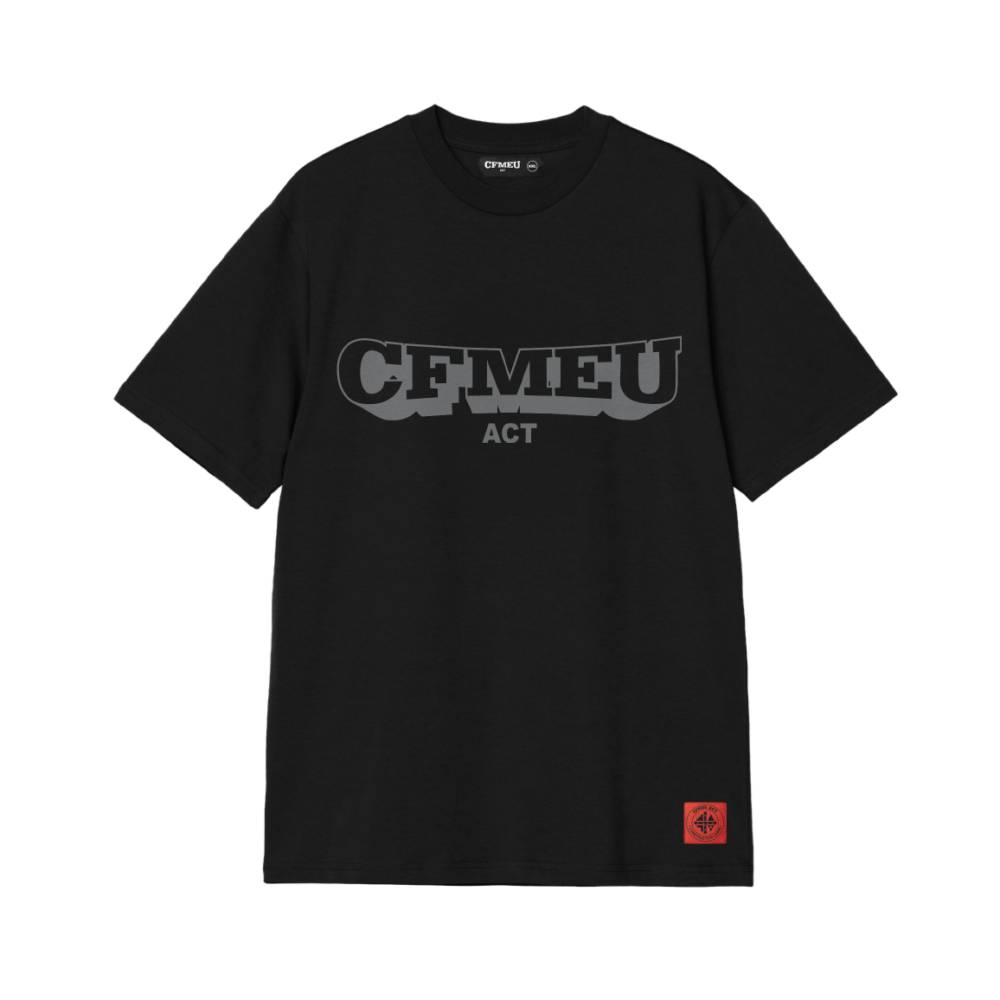Black T-shirt with a large gray CFMEU ACT logo across the chest and a red square patch at the bottom-right hem.